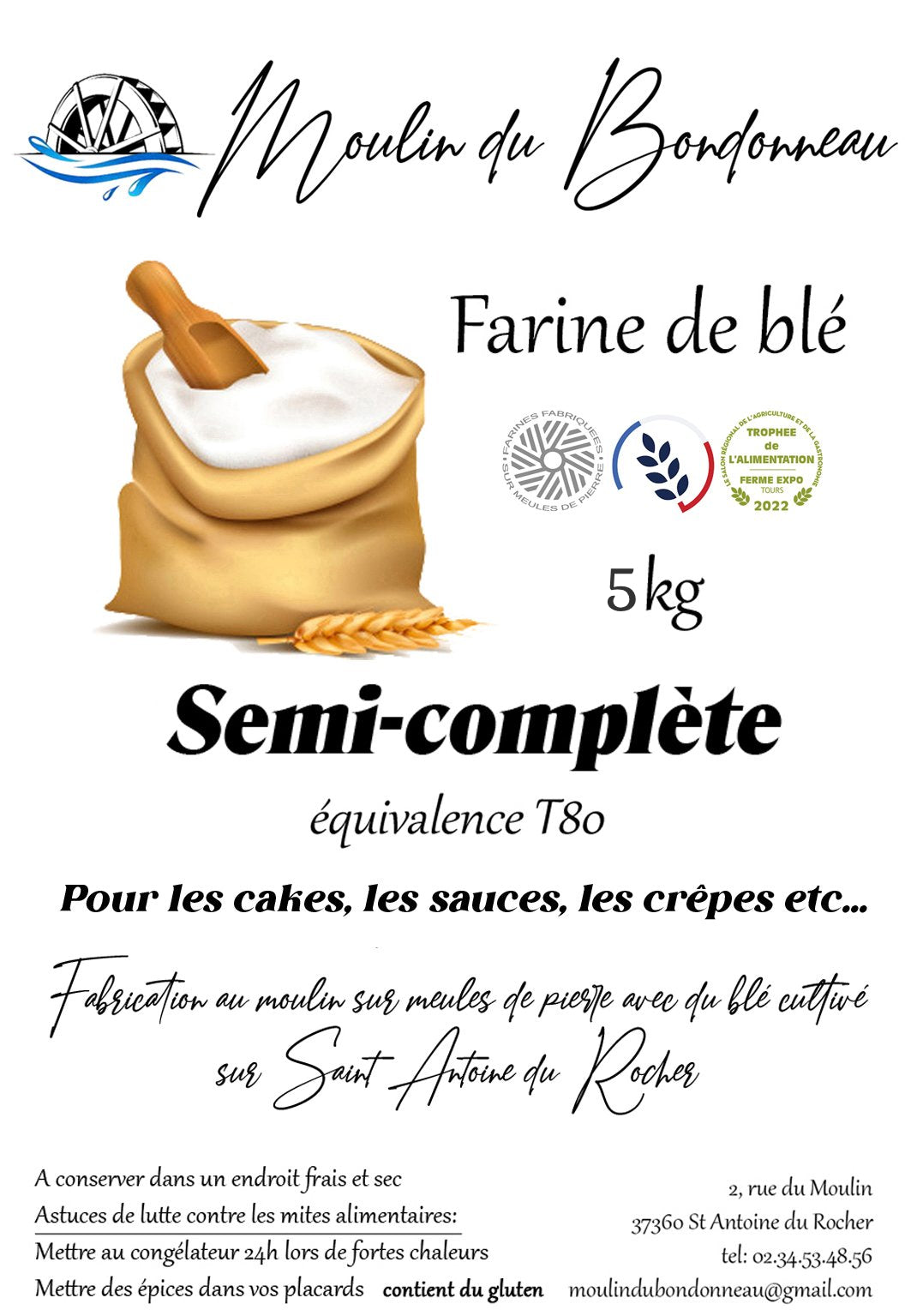 Farines 5 kg (blanche - semi-complète - complète ou repasse) commande par mail